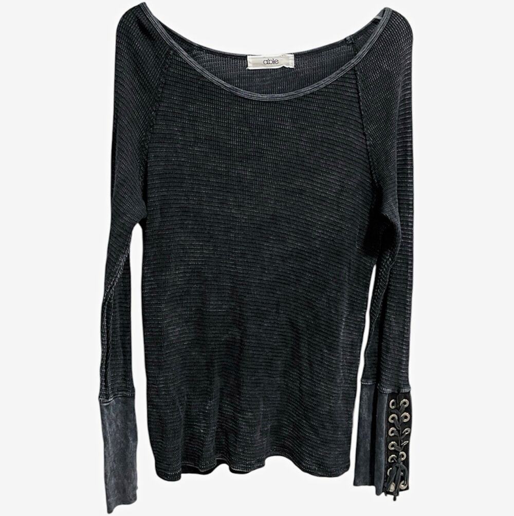Whimsigoth Grunge Womens Ribbed Lace Up Cuff Top Size XL Gray Ribbed Punk Emo